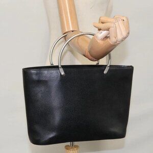 CHANEL Hand Bag Grained Calf Skin Black Silver CC Auth 110813